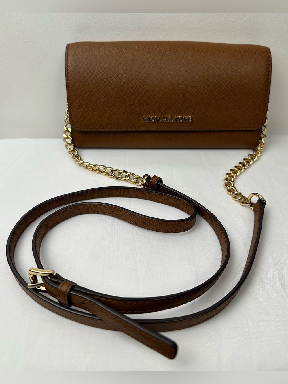 Michael Kors Crossbody Clutch Gold Chain Strap Purse Saffiano Brown